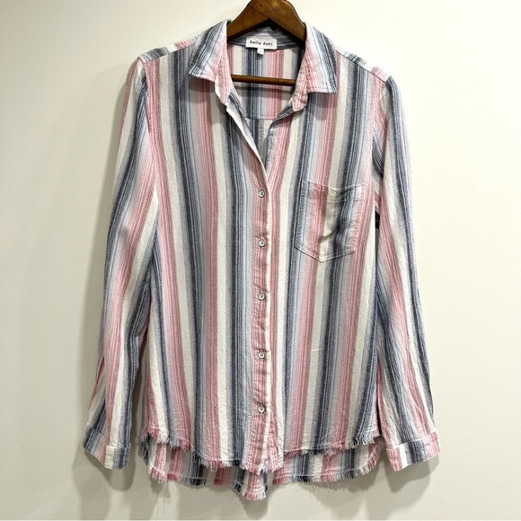 Bella Dahl Striped Linen-Blend Collared Blouse Button Up Blue Pink Size Large - Picture 3 of 11